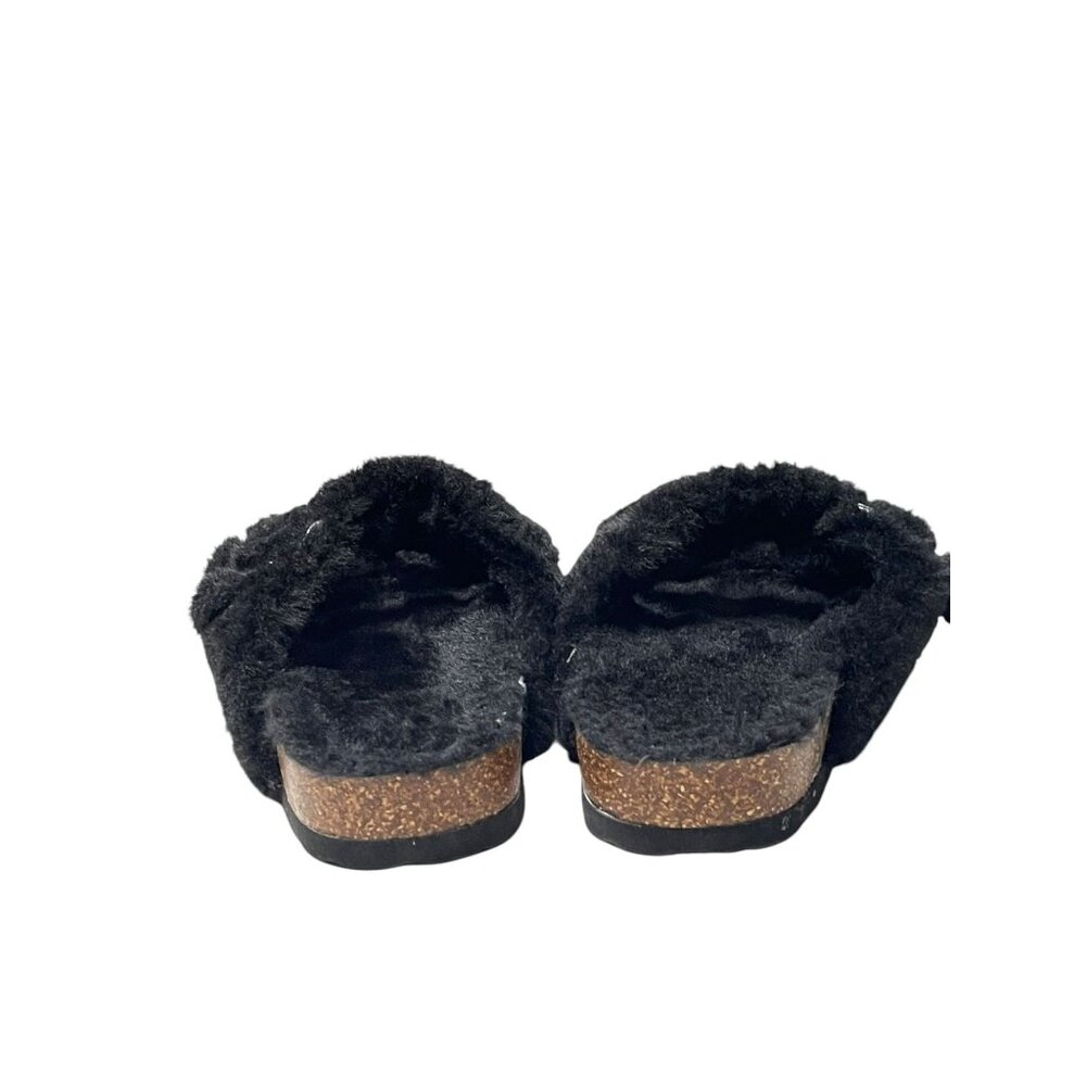 Black Faux Fur Double-Buckle Slide Sandals With Cork Sole - Womens Size 40 EU  9 - Picture 4 of 11